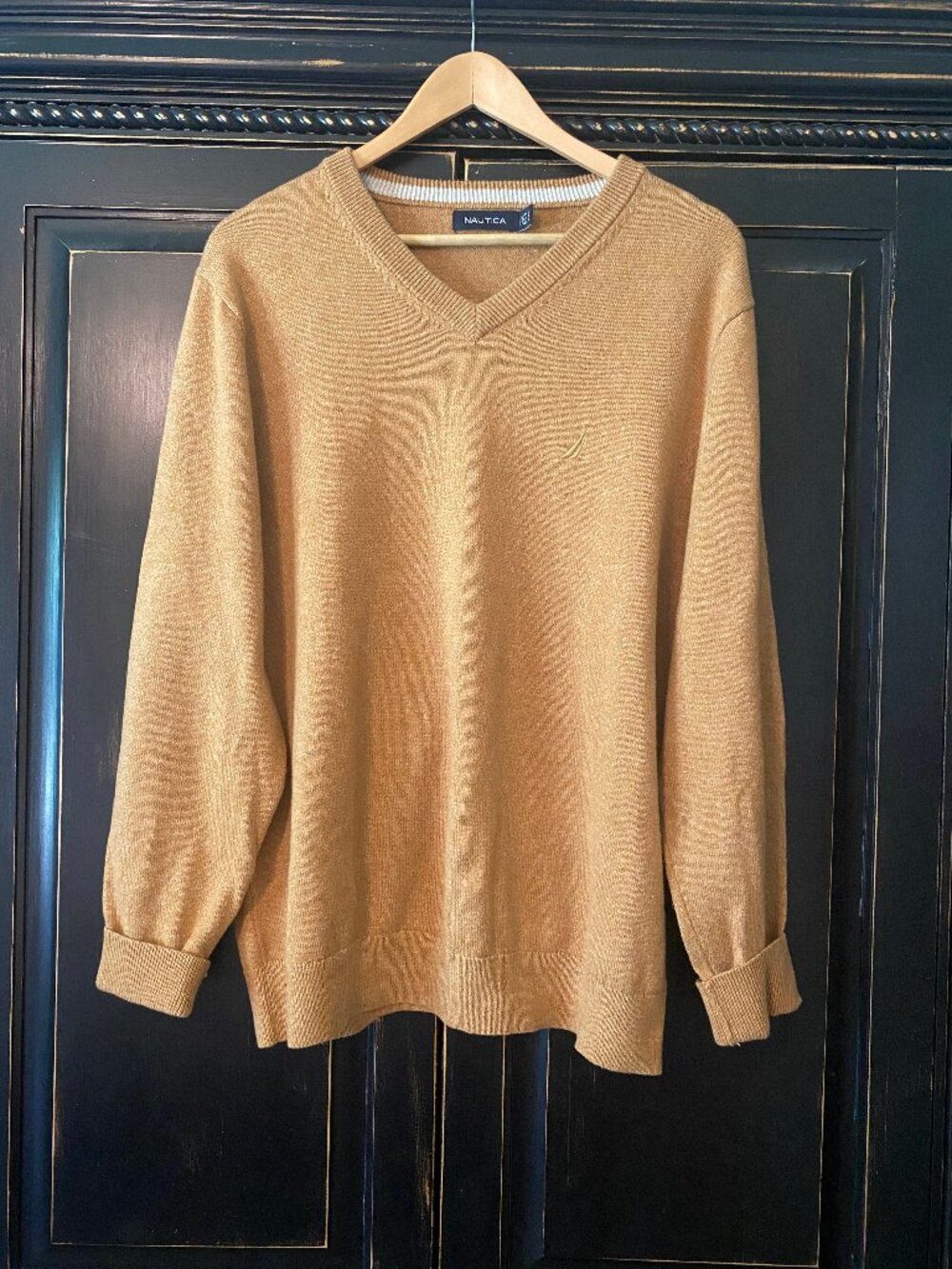 Nautica - Men’s Large - Tan Gold V-Neck Sweater - 100% Cotton - Logo Pullover